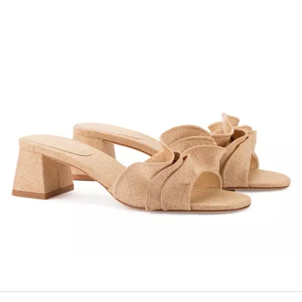 🤎🔹️Larroudé🔹️Women's Brigitte Ruffle Slip On High Heel Sandals